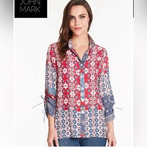 John Mark Women's Red White and Blue Patterned Top size Medium